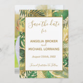 金ゴールド緑のトロピカル離れの日付を保存結婚する 招待状 (正面/裏面)