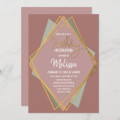 金ゴールド緑のピンクとムーブの幾何誕生日 招待状 (正面/裏面)