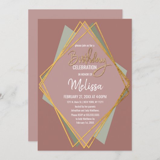金ゴールド緑のピンクとムーブの幾何誕生日 招待状 (正面/裏面)