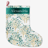金ゴールド緑の白お洒落い木のクリスマス名 ラージクリスマスストッキング (正面)