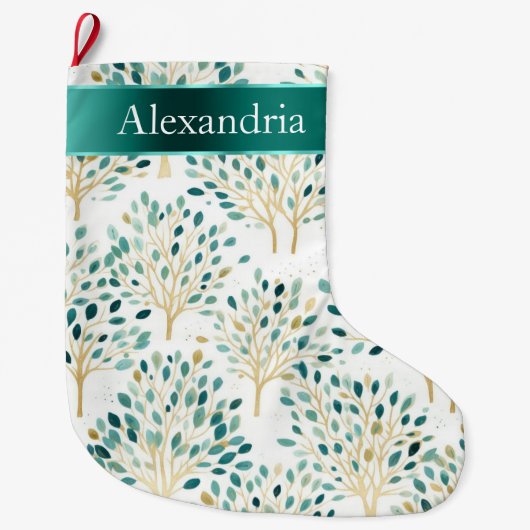 金ゴールド緑の白お洒落い木のクリスマス名 ラージクリスマスストッキング (正面)