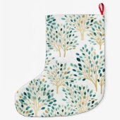 金ゴールド緑の白お洒落い木のクリスマス名 ラージクリスマスストッキング (裏面)