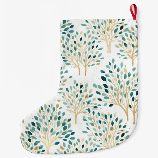 金ゴールド緑の白お洒落い木のクリスマス名 ラージクリスマスストッキング (裏面)