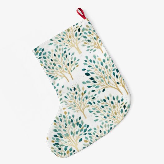 金ゴールド緑の白お洒落い木のクリスマス名 ラージクリスマスストッキング (裏面 (吊り時))
