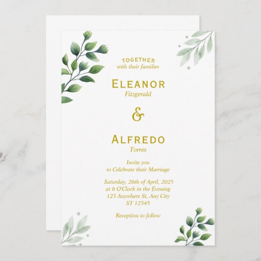 金ゴールド緑化結婚式招待状 招待状 (正面/裏面)