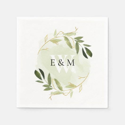 金ゴールド緑樹水彩リース結婚ズ スタンダードカクテルナプキン (正面)