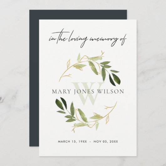 金ゴールド緑色動物悔やみや弔慰メモリアルサービス招待状 サンキューカード (正面/裏面)