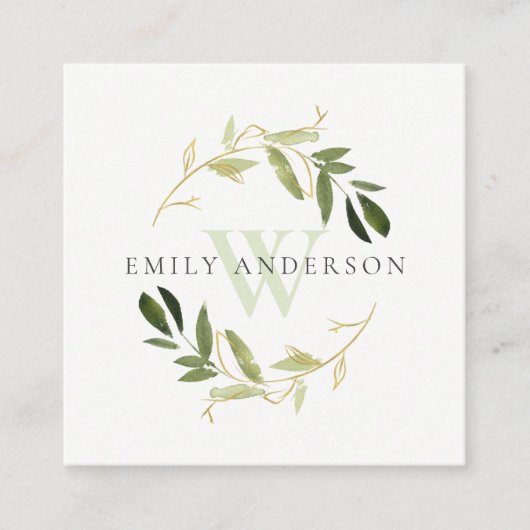 金ゴールド緑葉イニシャルリースプロフェッショナル スクエア名刺 (正面)