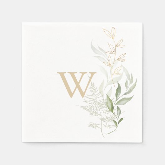 金ゴールド緑葉モノグラム結婚のナプキン スタンダードカクテルナプキン (正面)