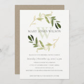 金ゴールド緑葉リースブライダルシャワーカード サンキューカード (正面/裏面)