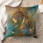 金ゴールド線ティール(緑がかった色)青カラフル抽象芸術 モダン クッション (ブランケット)