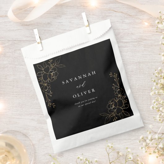 金ゴールド線結婚付きフローラ – 黒 フェイバーバッグ (クリップ留めされた状態)