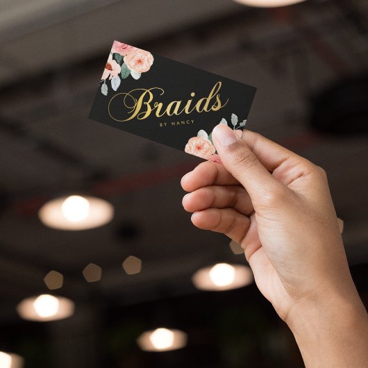 金ゴールド編みスクリプト書道の水色フローラ 名刺