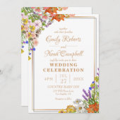 金ゴールド縁どカラフルワイルドフラワーカントリー結婚式 招待状 (正面/裏面)