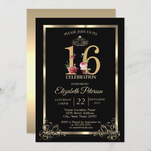 金ゴールド縁どクラウンフローラスウィート16パーティー 招待状 (正面/裏面)
