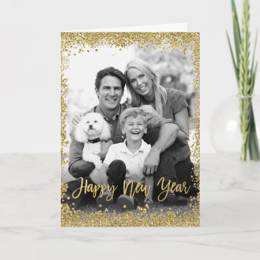 金ゴールド縁どグリッターのおめでとう新年写真 シーズンカード (正面)