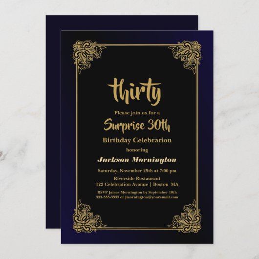 金ゴールド縁どサプライズ30歳の誕生日パーティー 招待状 (正面/裏面)