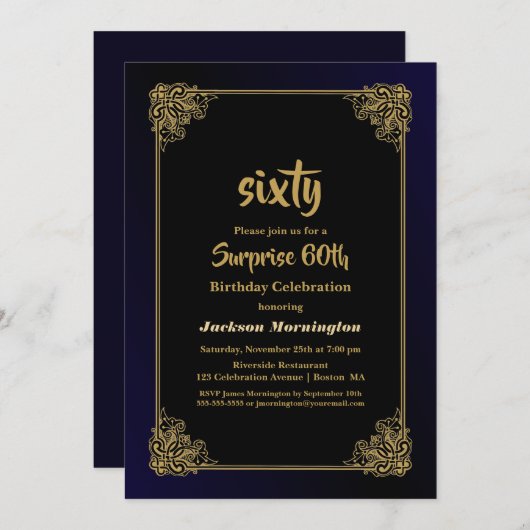 金ゴールド縁どサプライズ60th誕生日パーティー 招待状 (正面/裏面)