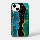 金ゴールド縁どティール(緑がかった色)アゲートスパークルモノグラム iPhoneケース (裏面)