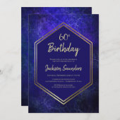 金ゴールド縁どネビーブルー幾何学模様60誕生日 招待状 (正面/裏面)