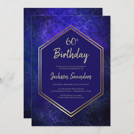 金ゴールド縁どネビーブルー幾何学模様60誕生日 招待状 (正面/裏面)