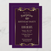 金ゴールド縁どパープルサプライズ60th誕生日パーティー 招待状 (正面/裏面)