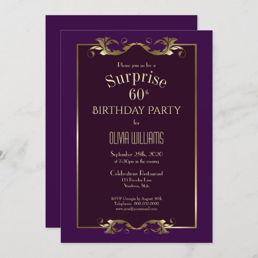 金ゴールド縁どパープルサプライズ60th誕生日パーティー 招待状 (正面/裏面)