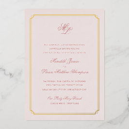 金ゴールド縁どピンクと金ゴールドモノグラム結婚のフォイル 箔招待状