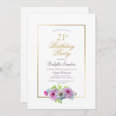 金ゴールド縁どピンクフローラ21歳の誕生日パーティー 招待状 (正面/裏面)