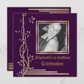金ゴールド縁どフローラの紫誕生日招待 招待状 (正面/裏面)