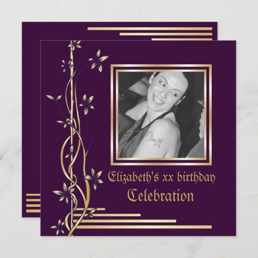 金ゴールド縁どフローラの紫誕生日招待 招待状 (正面/裏面)