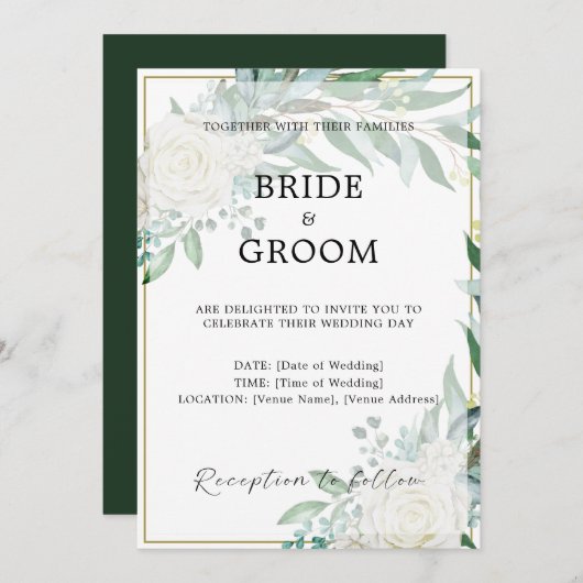 金ゴールド縁どフローラグリーナリー結婚式招待状 招待状 (正面/裏面)