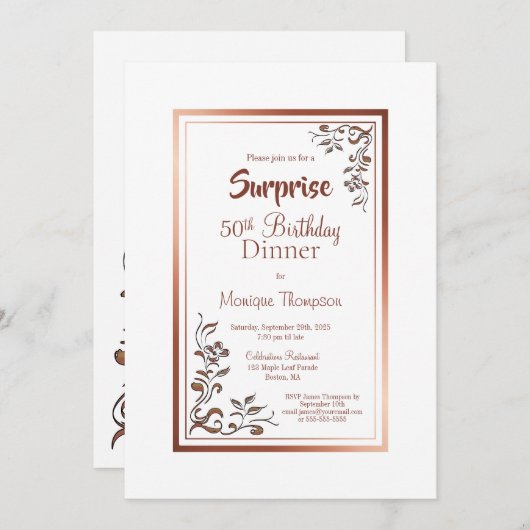 金ゴールド縁どフローラサプライズ50th誕生日ディナー 招待状 (正面/裏面)