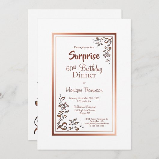金ゴールド縁どフローラサプライズ60th誕生日ディナー 招待状 (正面/裏面)