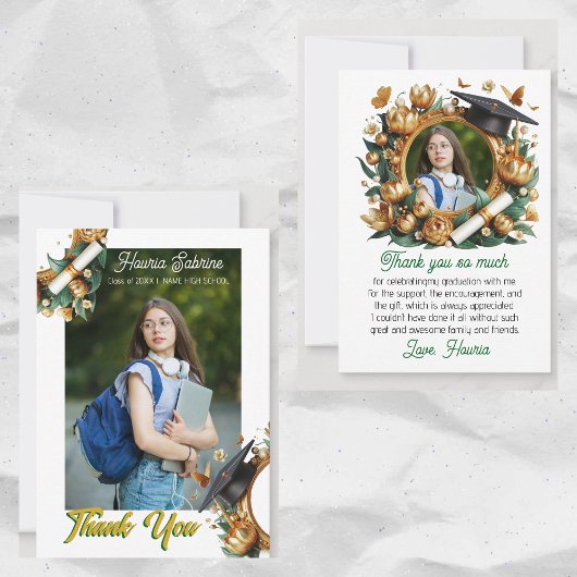 金ゴールド縁どフローラ写真の卒業サンキューカード サンキューカード