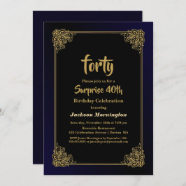金ゴールド縁どブラック・サプライズ40歳の誕生日パーティー 招待状
