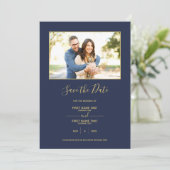 金ゴールド縁どブルーは招待の日付を保存 招待状 (スタンド正面)