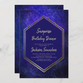 金ゴールド縁どブルーサプライズ誕生日ディナー 招待状 (正面/裏面)