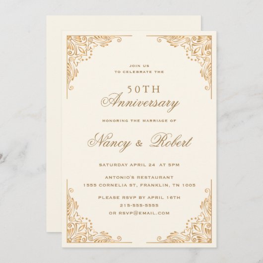 金ゴールド縁どベージュ50結婚周年 招待状 (正面/裏面)