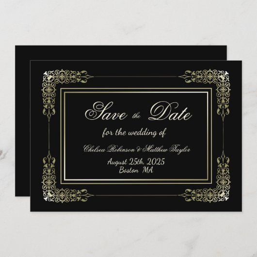 金ゴールド縁どレース結婚ブラック セーブザデート (正面/裏面)