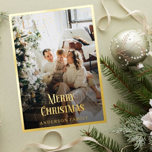 金ゴールド縁ど紙吹雪クリスマス家族の写真 箔シーズンカード