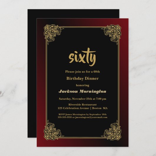 金ゴールド縁ど60th誕生日ディナー 招待状 (正面/裏面)