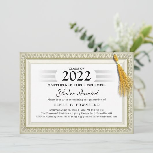 金ゴールド縁ど・タッセル卒業証書卒業パーティーの招待 招待状 (スタンド正面)