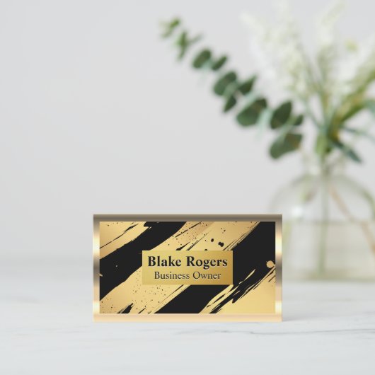 金ゴールド縁ど | 金色の黒いブラシ付き背景 名刺 (スタンド正面)