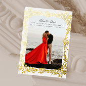 金ゴールド織りリーフフレームフォトウェディング日付を保存 箔招待状