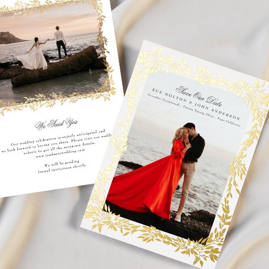 金ゴールド織りリーフフレームフォトウェディング日付を保存 箔招待状