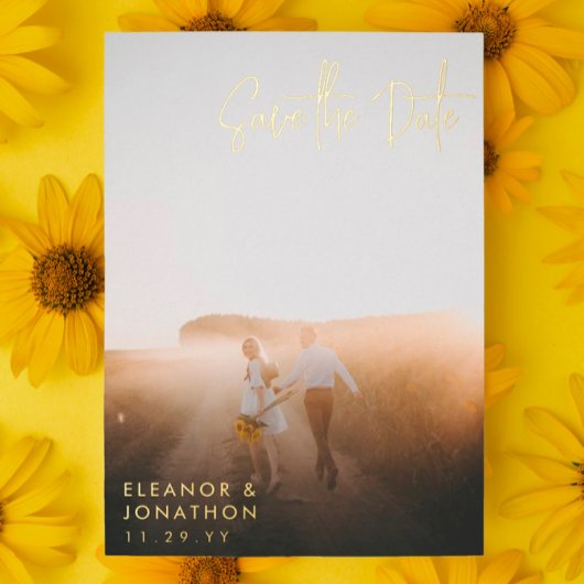 金ゴールド署名スクリプト写真の保存日付 箔招待状