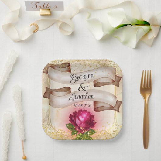 金ゴールド美しいとビーストフェアリー結婚テル ペーパープレート (ウェディング)