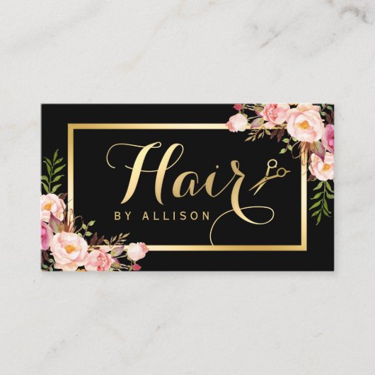 金ゴールド美容師はさみトレンディーガーリーフローラ 名刺 (正面)