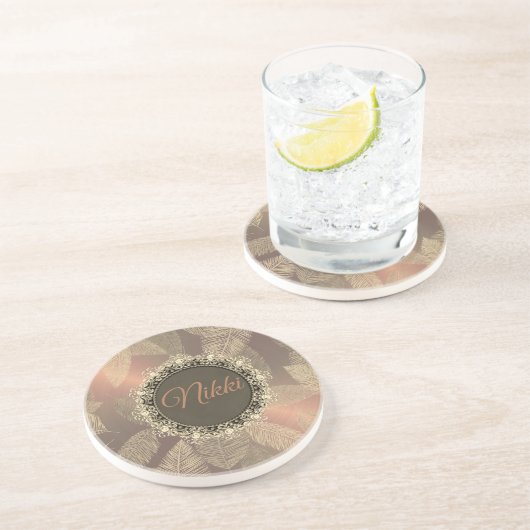 金ゴールド羽オン金ゴールドバラ パーソナライズされた コースター (側面)